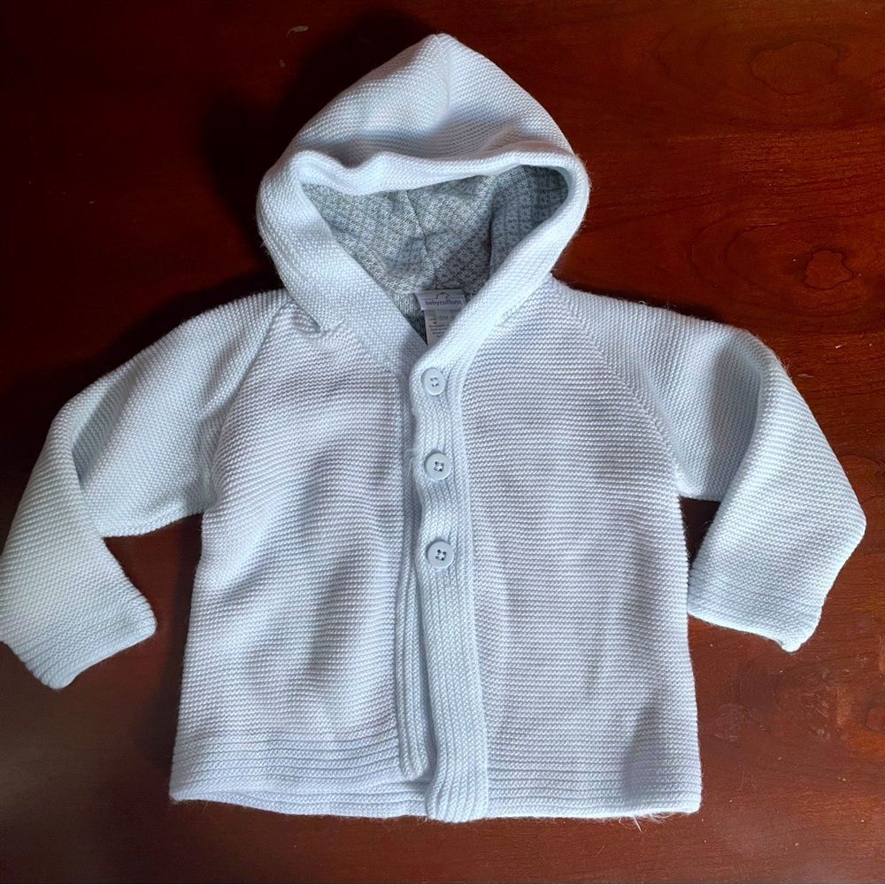 Babycottons Hooded Knit Cardigan Sweater 9M Light Blue Button Baby Jacket